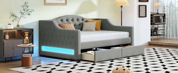 English Elm Upholstered Twin Xl Linen Daybed with Led Lighting and Dual Storage Drawers DL002060AAD