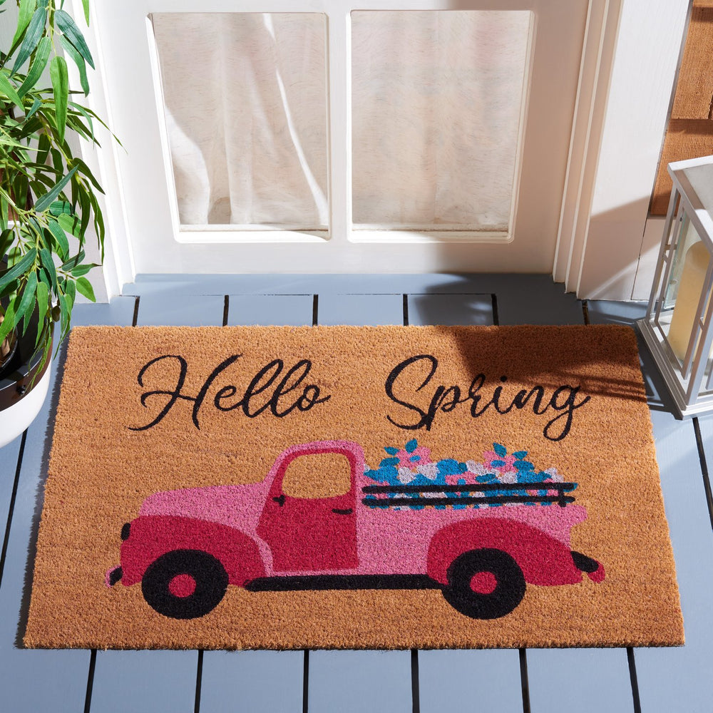 Safavieh Hello Spring Coir Mats - Hand Tufted Accent Rug With Vintage Truck & Colorful Flowers, 1'11"X3'0" Natural 60% Coir,40% Pvc Dmts237b-2