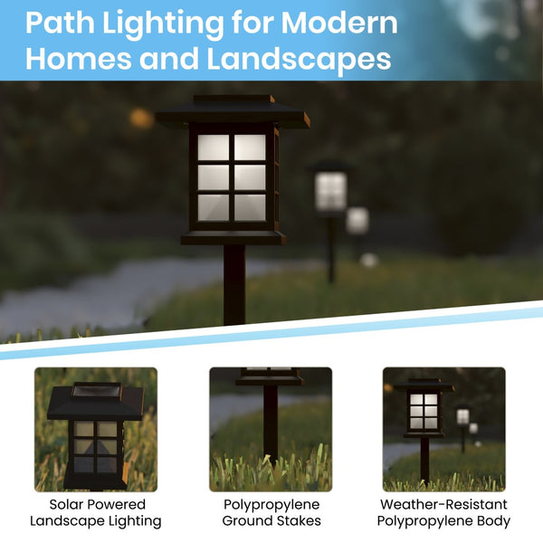 English Elm Halsey 8 Pack Lantern-Style Solar Lights for Outdoor Pathways, Gardens, and Yards - Weather Resistant Illumination Black DN-SL106-8-BK-GG
