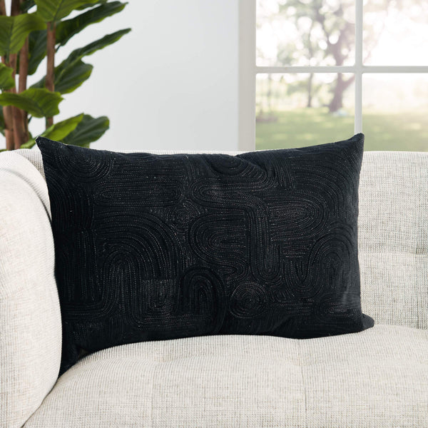 Jaipur Living Nikki Chu Pfeiffer Art Deco Geometric Velvet Cotton Lumbar Pillow Cover with Metallic Embroidery Black PLC102479