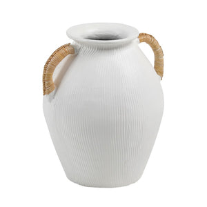 Dovetail Fabiano Vase Terracotta and Rattan - White and Natural Handles 