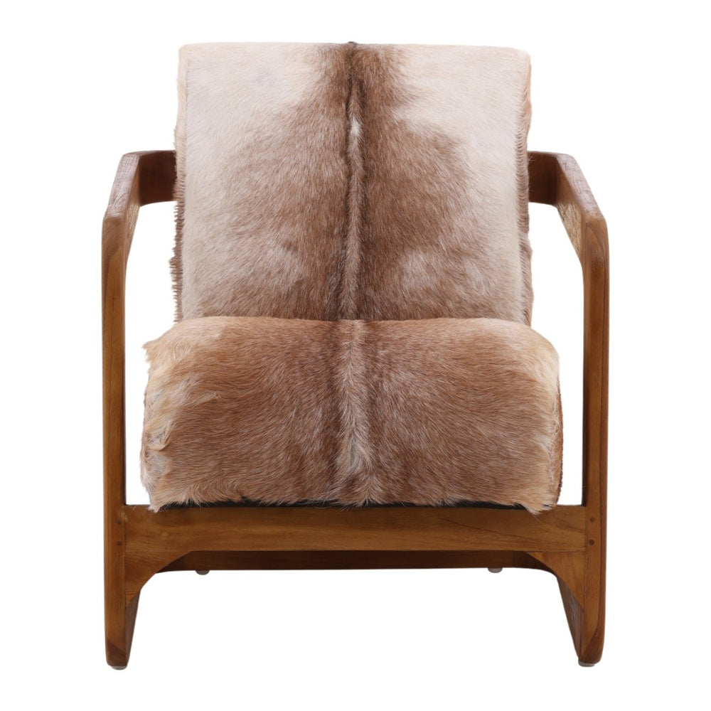 Karina Living Bautista Unique Occasional Chair in Brown Goat Hide with Teak Wood Frame – Rustic Elegance for Any Room DOV0414-BRWN