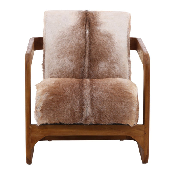 Karina Living Bautista Unique Occasional Chair in Brown Goat Hide with Teak Wood Frame – Rustic Elegance for Any Room DOV0414-BRWN
