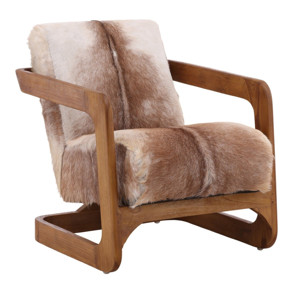 Karina Living Bautista Unique Occasional Chair in Brown Goat Hide with Teak Wood Frame – Rustic Elegance for Any Room DOV0414-BRWN