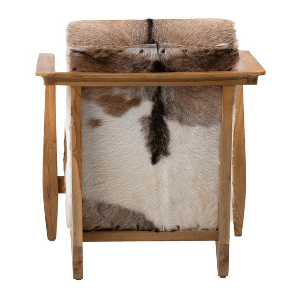 Dovetail Naela Occasional Chair Natural Finish Teak Wood Frame and Brown and White Goat Hide DOV0433