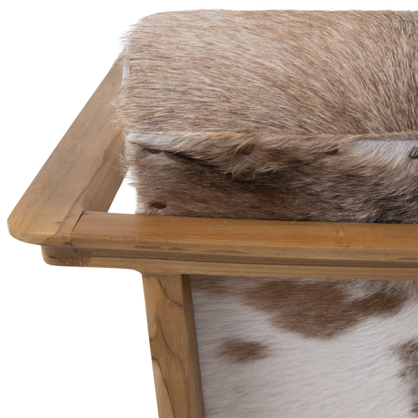 Dovetail Naela Occasional Chair Natural Finish Teak Wood Frame and Brown and White Goat Hide DOV0433