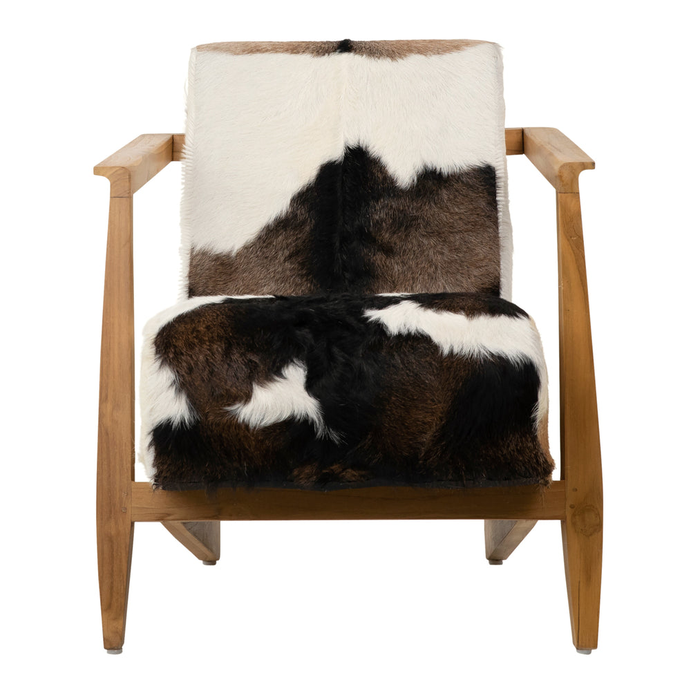 Dovetail Naela Occasional Chair Natural Finish Teak Wood Frame and Brown and White Goat Hide DOV0433