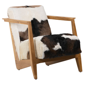 Dovetail Naela Occasional Chair Natural Finish Teak Wood Frame and Brown and White Goat Hide DOV0433