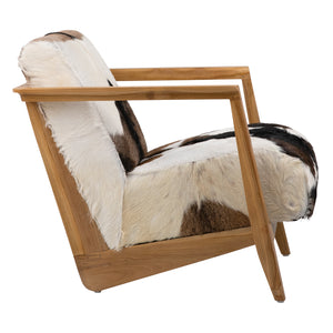 Dovetail Naela Occasional Chair Natural Finish Teak Wood Frame and Brown and White Goat Hide DOV0433