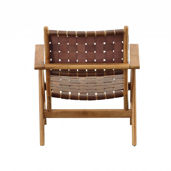 Dovetail Sutri Occasional Chair Natural Finish with Brown Leather Teak Wood and Full Grain Leather DOV0437
