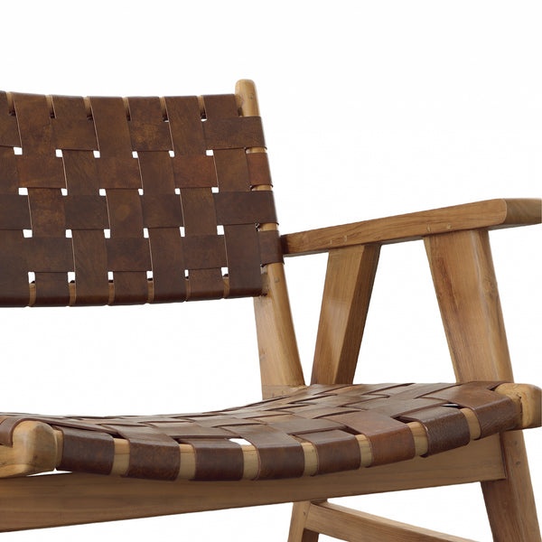 Dovetail Sutri Occasional Chair Natural Finish with Brown Leather Teak Wood and Full Grain Leather DOV0437