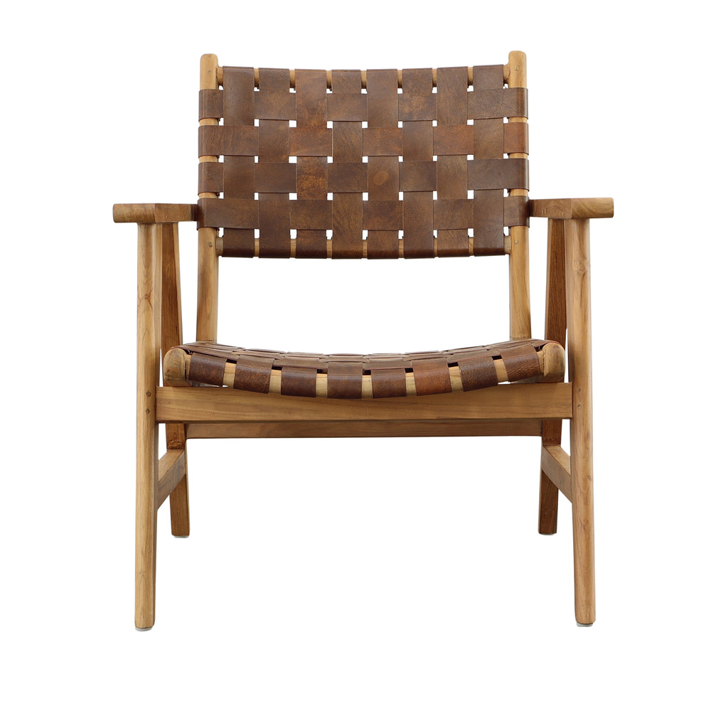 Dovetail Sutri Occasional Chair Natural Finish with Brown Leather Teak Wood and Full Grain Leather DOV0437