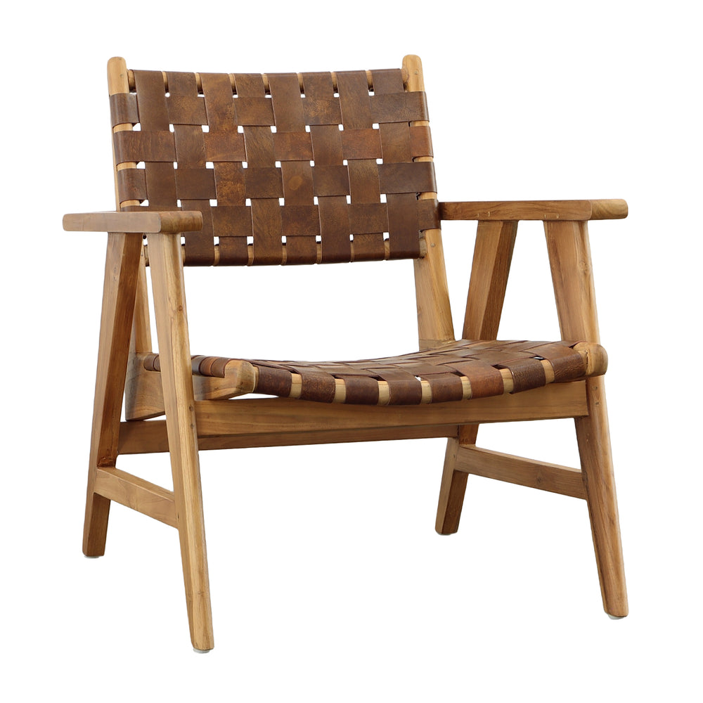 Dovetail Sutri Occasional Chair Natural Finish with Brown Leather Teak Wood and Full Grain Leather DOV0437