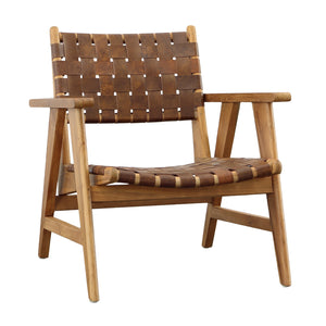 Dovetail Sutri Occasional Chair Natural Finish with Brown Leather Teak Wood and Full Grain Leather DOV0437