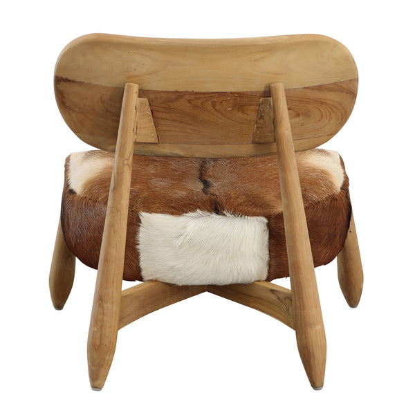 Dovetail Guleen Occasional Chair Brown and White Hide and Natural Wood Finish Teak Wood and Goat Hide Seat DOV0457