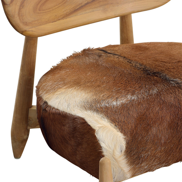Dovetail Guleen Occasional Chair Brown and White Hide and Natural Wood Finish Teak Wood and Goat Hide Seat DOV0457