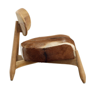Dovetail Guleen Occasional Chair Brown and White Hide and Natural Wood Finish Teak Wood and Goat Hide Seat DOV0457