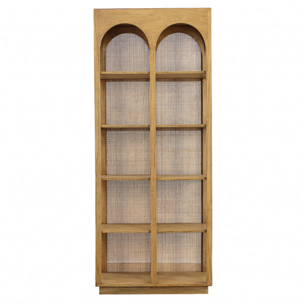 Dovetail Leonardo Bookcase Natural Finish Mindi Wood and Slim Rattan DOV11662
