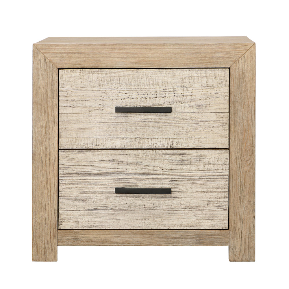 Dovetail Roux Double Drawer Nightstand Light Warm Wash Light and Grey Warm Wash Finish Solid Pine Wood and Pine Veneer DOV18163-LTWW
