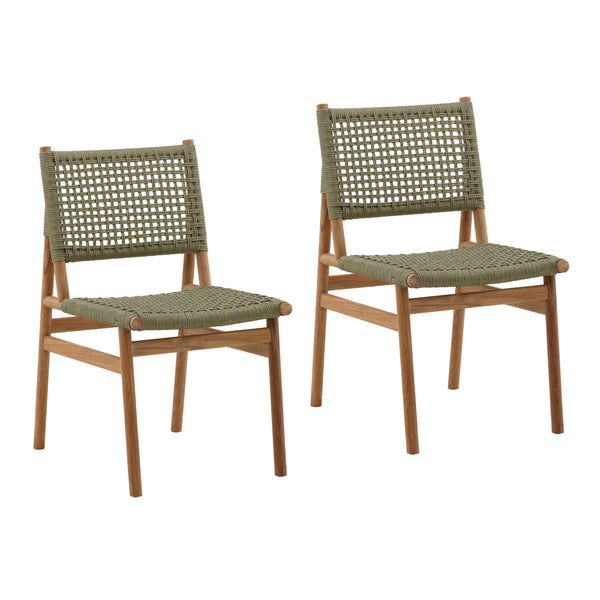 Dovetail Francisca Outdoor Dining Chair Set of 2 Green Green and Natural Twisted Faux Rattan and Teak Wood DOV18809-GREN
