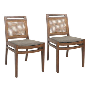 Dovetail Brida Dining Chair Set of 2 Teak Wood, Cane and Upholstered Seat - Medium Brown and Taupe