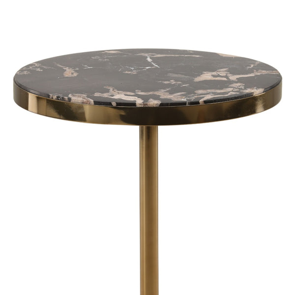 Karina Living Neve Side Table - Unique Petrified Wood & Brass-Accented Stainless Steel for Modern Elegance DOV22065-BLCK