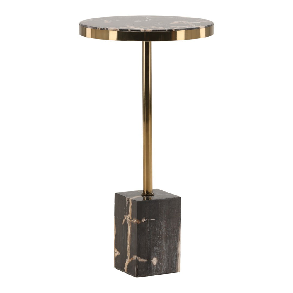 Karina Living Neve Side Table - Unique Petrified Wood & Brass-Accented Stainless Steel for Modern Elegance DOV22065-BLCK