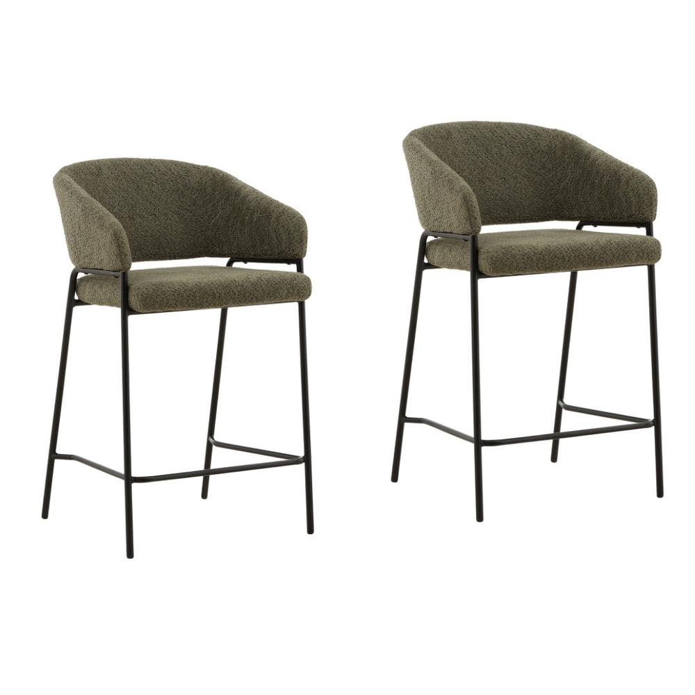 Karina Living Cathey Set of 2 Modern Olive Boucle Counter Stools with Steel Frame for Kitchen & Bar Comfort DOV23022-OLIV