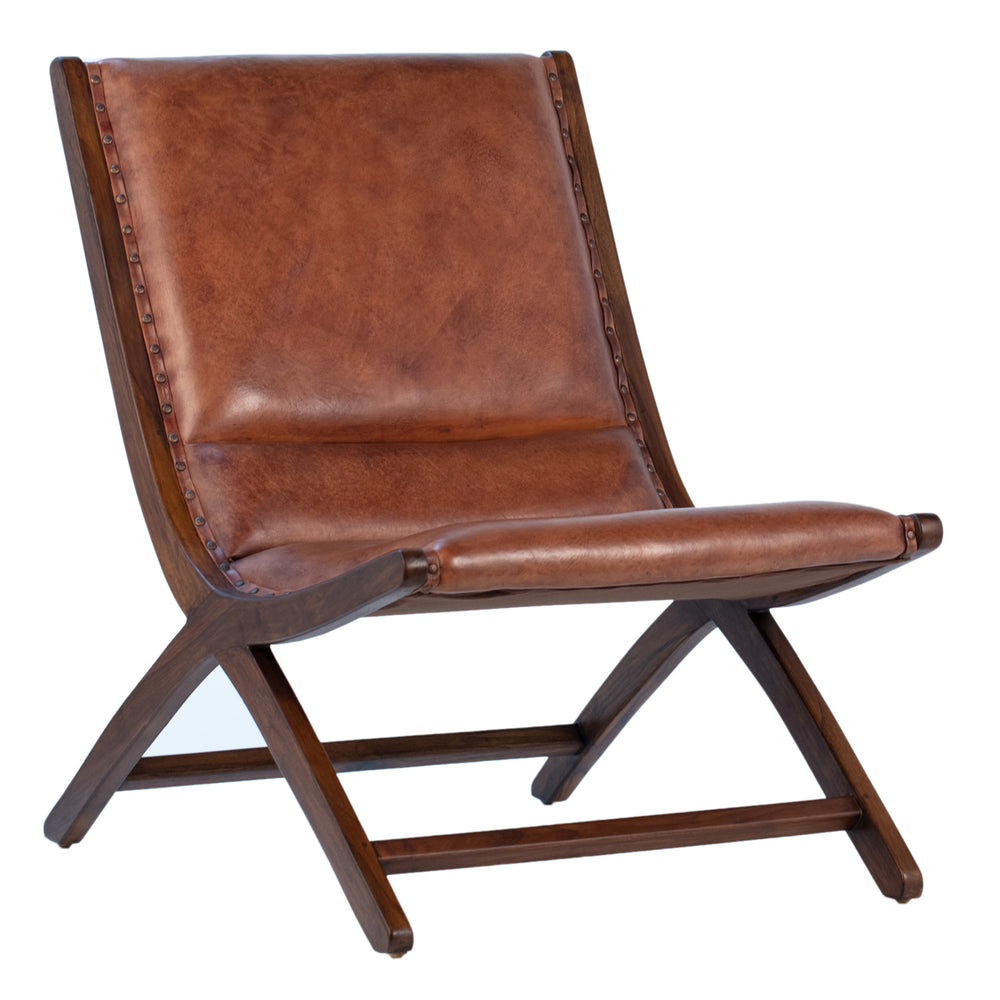 Dovetail Gibbs Occasional Chair Antique Brown Finish Full Grain Leather Upholstery and Teak Wood Frame DOV25007
