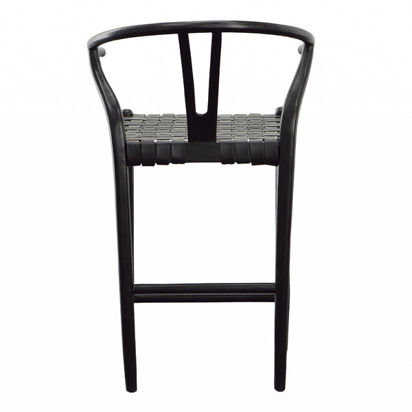 Dovetail Bernice Counterstool Antique Black Finish Teak Wood Frame with Full Grain Leather Weave DOV25020BKCS