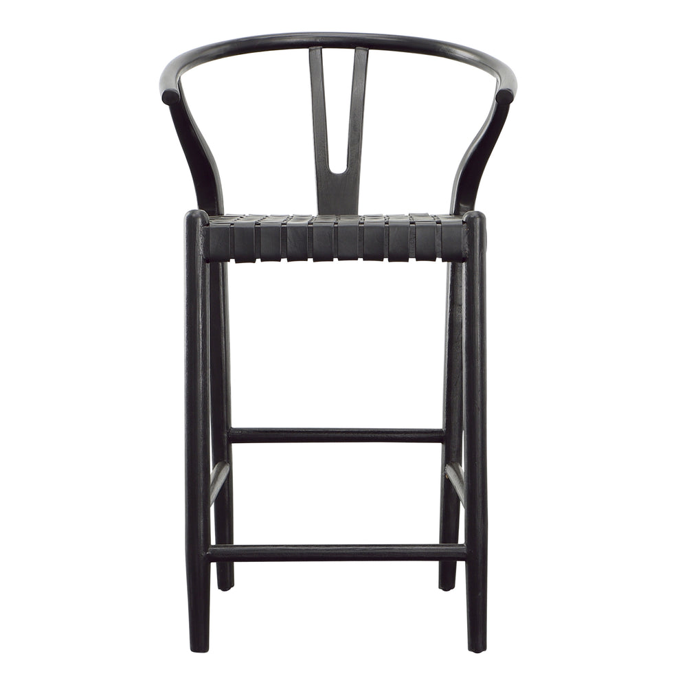 Dovetail Bernice Counterstool Antique Black Finish Teak Wood Frame with Full Grain Leather Weave DOV25020BKCS