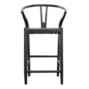 Dovetail Bernice Counterstool Antique Black Finish Teak Wood Frame with Full Grain Leather Weave DOV25020BKCS