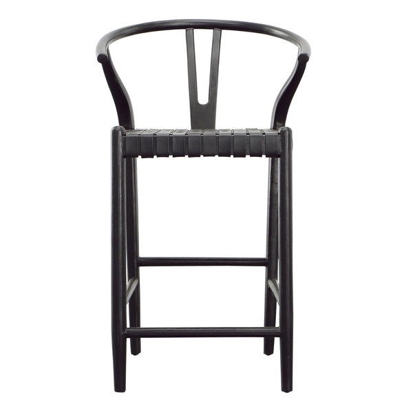 Dovetail Bernice Counterstool Antique Black Finish Teak Wood Frame with Full Grain Leather Weave DOV25020BKCS