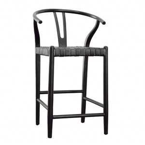 Dovetail Bernice Counterstool Antique Black Finish Teak Wood Frame with Full Grain Leather Weave DOV25020BKCS