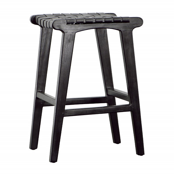 Dovetail Dale Counter Stool Teak Wood and Full Grain Leather - Antique Black 