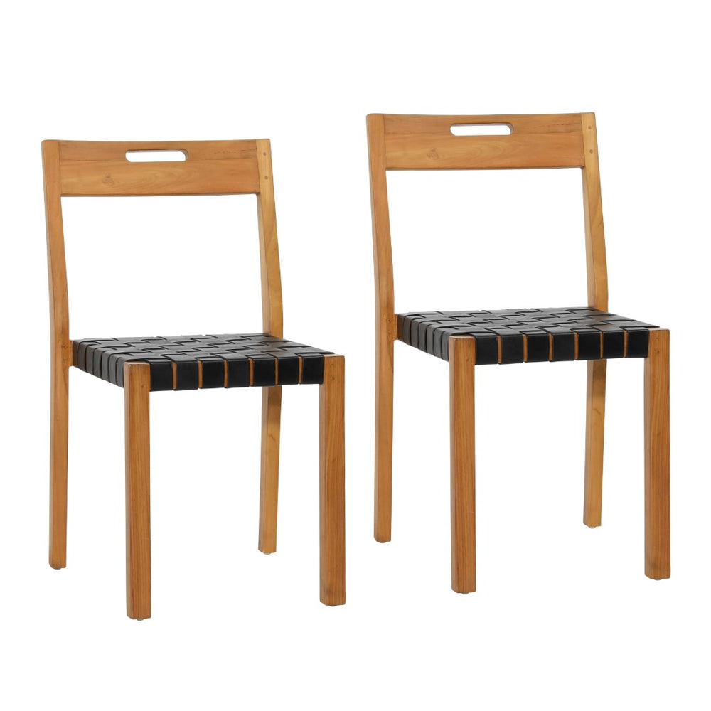 Dovetail Glinda Dining Chair Set of 2 Teak Wood Frame and Genuine Leather - Natural and Black