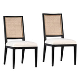 Dovetail Norton Dining Chair  Set of 2 W/ Perf Fabric Antique Black Frame with Natural Rattan and White Fabric Oak Wood Frame with Rattan and Cotton Upholstery DOV31006