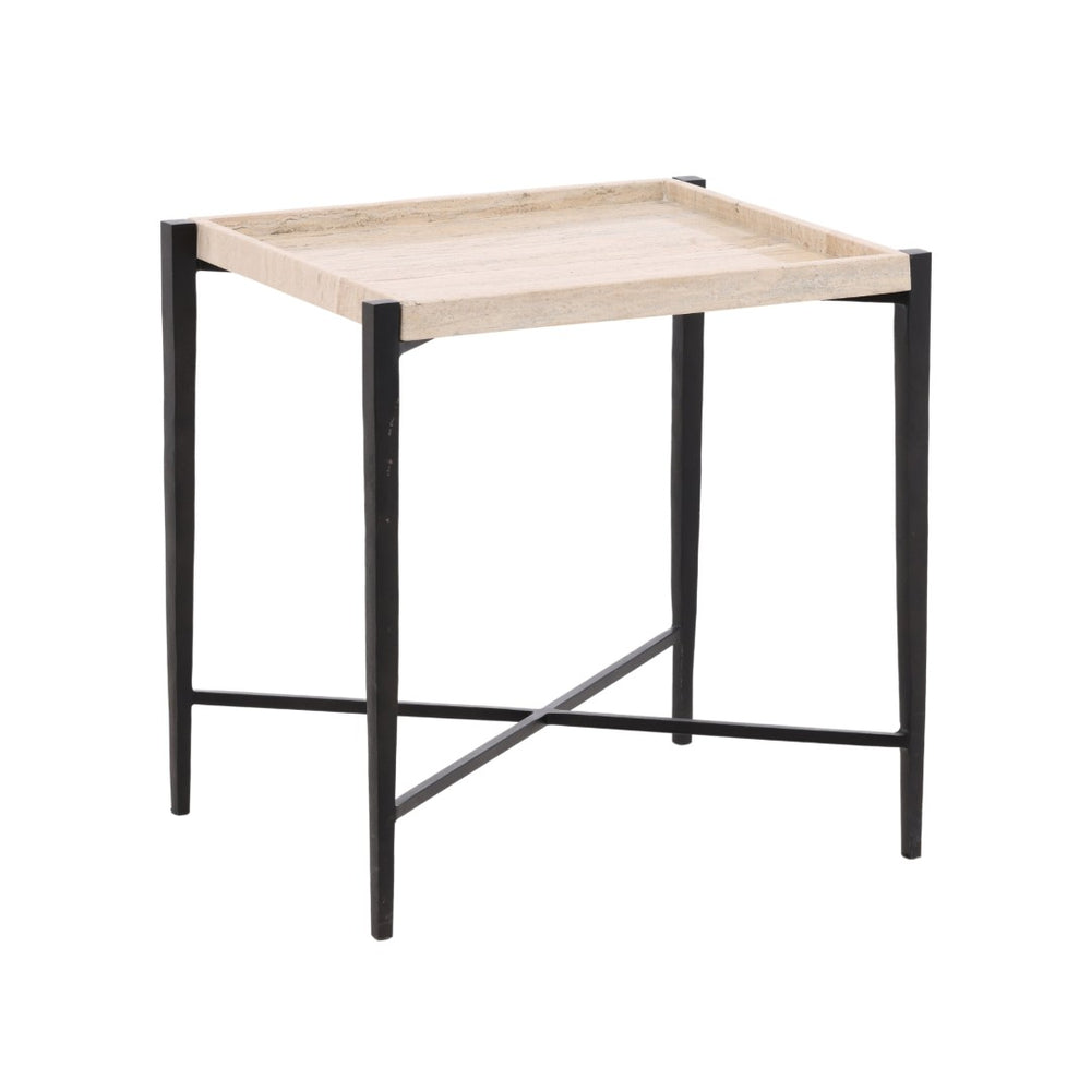 Karina Living Rice Travertine End Table with Iron Base – Modern Accent Piece for Stylish Living Spaces & Decor DOV40026-BRCR