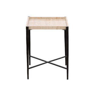 Karina Living Rice Travertine End Table with Iron Base – Modern Accent Piece for Stylish Living Spaces & Decor DOV40026-BRCR