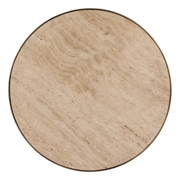 Karina Living Idrina Bistro Table - Elegant Round Travertine Top with Antique Brass Base for Compact Spaces DOV40080-NATL