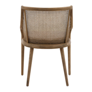 Dovetail Arcata Dining Chair Medium Brown Wood and Beige Cushion Ash Wood with Rattan and Linen Upholstered Seat DOV418