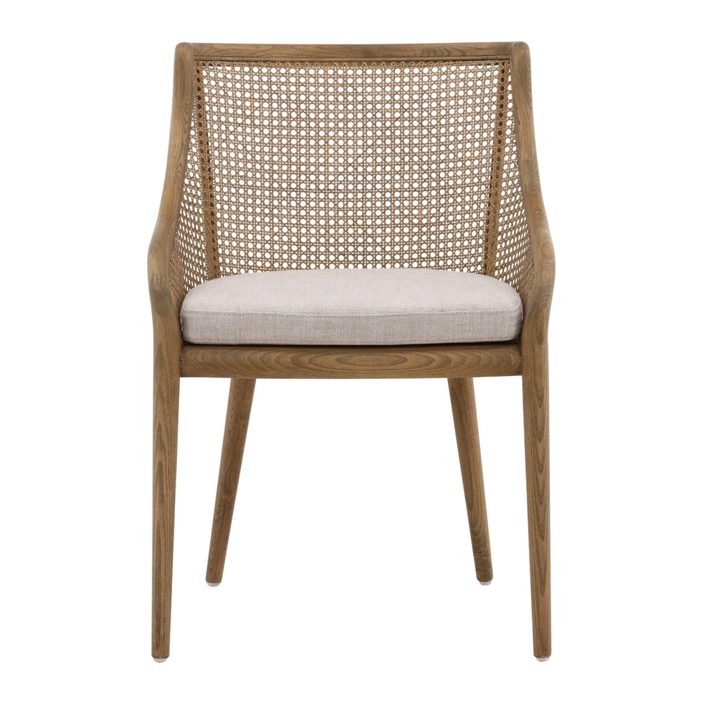 Dovetail Arcata Dining Chair Medium Brown Wood and Beige Cushion Ash Wood with Rattan and Linen Upholstered Seat DOV418