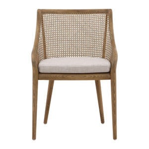 Dovetail Arcata Dining Chair Medium Brown Wood and Beige Cushion Ash Wood with Rattan and Linen Upholstered Seat DOV418