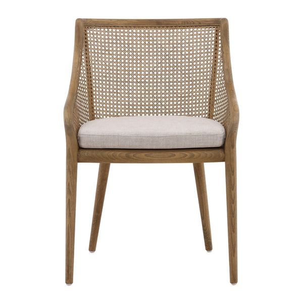 Dovetail Arcata Dining Chair Medium Brown Wood and Beige Cushion Ash Wood with Rattan and Linen Upholstered Seat DOV418