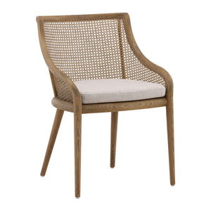 Dovetail Arcata Dining Chair Medium Brown Wood and Beige Cushion Ash Wood with Rattan and Linen Upholstered Seat DOV418