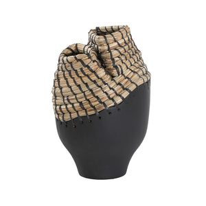 Dovetail Fannie Vase Teak Wood and Seagrass - Black and Natural 