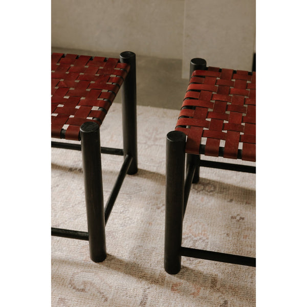 Moe's Home Selby Stool - Rustic Mango Wood Frame With Luxurious Buffalo Leather Seat For Timeless Charm Red Solid Mango Wood Frame,Buffalo Leather Seat Dr-1330-06