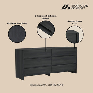 Manhattan Comfort Linda Modern 72" Double Wide Dresser – Elegant Design With 6 Drawers For Stylish Storage Solutions Charcoal Grey Mdp Dr011-gy
