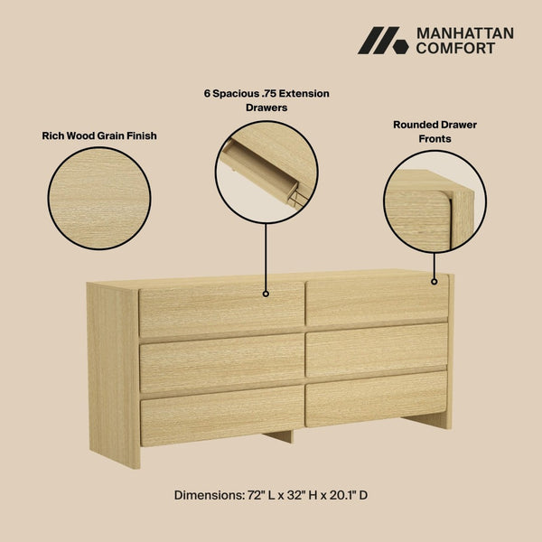 Manhattan Comfort Linda Modern 72" Double Wide Dresser – Elegant Design With 6 Drawers For Stylish Storage Solutions Natural Oak Mdp Dr011-na