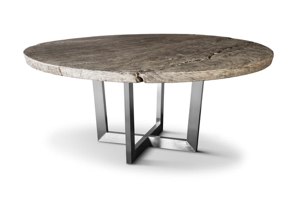 Phillips Collection Chuleta Unique Round Dining Table With Reclaimed Chamcha Wood & Stylish Stainless Steel Base Gray,Silver Wood ,Chamcha Wood Th86250